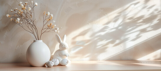 Serene Easter display featuring a white ceramic bunny, speckled eggs, and a vase with dried flowers in a sunlit room