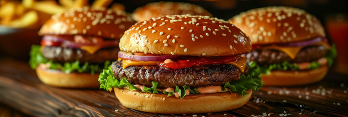 A hamburger and a cheeseburger, neatly presented on a restaurant table, ready to be enjoyed.