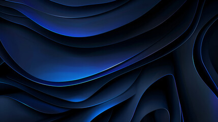 Dark blue and black abstract design with smooth, flowing curves and layered depth effects, wallpaper, background