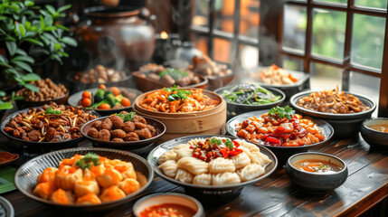 A lavish spread of Chinese cuisine arranged on the table, showcasing an array of delectable dishes...