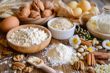 Fototapeta premium Healthy baking ingredients spread on a table ready for a wholesome recipe 
