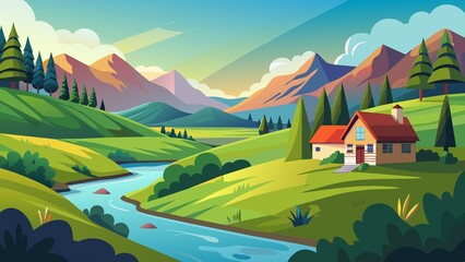 a peaceful landscape scene with rolling hills, a river, and a quaint cottage in the distance - obrazy, fototapety, plakaty