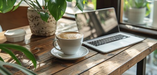 A serene scene of a laptop and a mug of coffee resting on a rustic wooden table.  - Powered by Adobe
