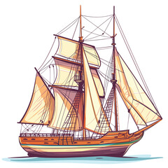 Sailboat illustration, detailed old sailing ship drawing, beige sails, sea vessel graphic. Nautical theme artwork, isolated white background, tall ship illustration, maritime transport. Vintage