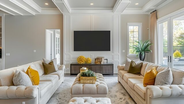 Elegant living room with a large TV screen as the focal point. Concept Living Room Design, Home Decor, TV Wall Decor, Elegant Interior, Focal Point