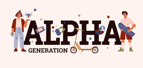 People Generation ALPHA 2010-2020 social development vector typographic banner, cartoon teenagers with game accessories