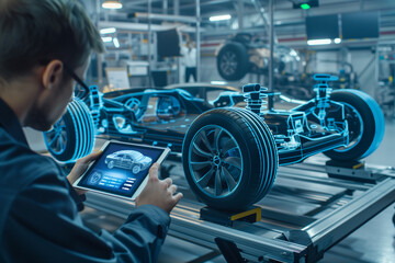 Man Holding Tablet in Front of Electric Car