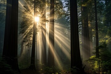 Tranquil Redwood forest sunrays. Bark natural. Generate Ai