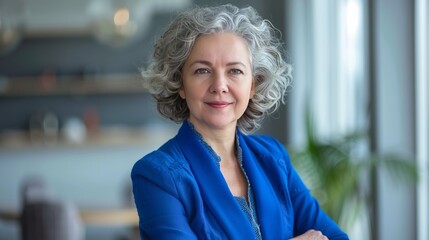 Fototapeta premium Middle-aged woman in working environment in blue formal clothes.