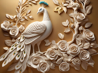 3d art wallpaper abstract of white floral peacock decor, colorful peacock and colorful background.	 - obrazy, fototapety, plakaty