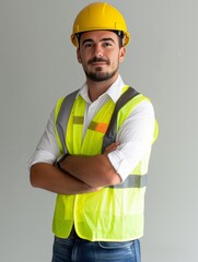 Photo of a handsome 30 years old construction worker with yellow helmet and yellow vest clean and new clothes white background atural lighting.