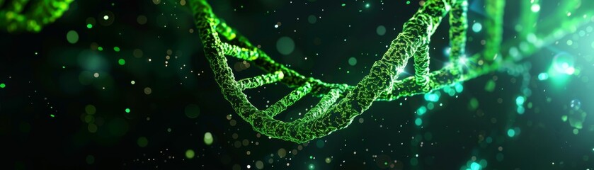 Vivid neon green DNA helix twisting against a deep black backdrop, symbolizing AI-driven genetic research in healthcare, clear and bright with text space - obrazy, fototapety, plakaty