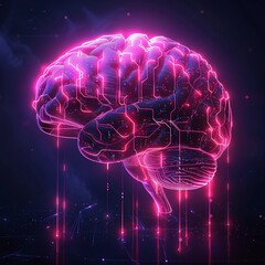 Vibrant neon pink human brain composed of digital circuits, on a dark background, illustrating AIs role in cognitive learning enhancements, with text space - obrazy, fototapety, plakaty