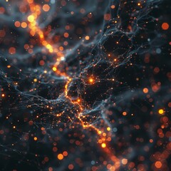 Artistic representation of a neon orange neural network, complex yet clear against a dark background, reflecting AIs role in neural research in healthcare, with text space - obrazy, fototapety, plakaty
