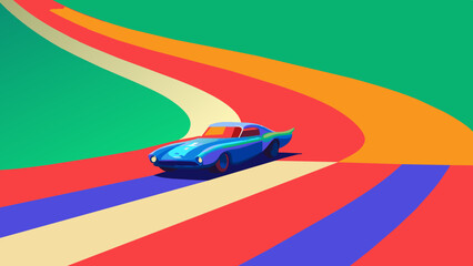 Fototapeta premium A vibrant and eye-catching vintage-inspired design featuring a racing car drifting around an American flag. The car is adorned with patriotic colors and leaves a trail of smoke as it navigates 