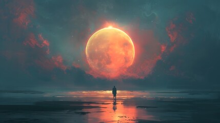 A captivating digital artwork of a man silhouetted against a vast ocean, watching a giant planet rise dramatically with a backdrop of fiery clouds and stars, Digital art style, illustration painting.