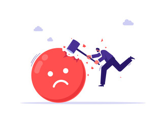 Overcome stress and anxiety concept, emotional problem, depression or mental illness, sad and stressful, businessman uses sledgehammer and attack bad emoji sign