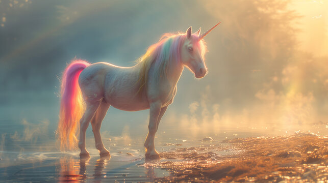 A majestic, photorealistic unicorn with a vibrant rainbow-colored mane stands proudly amidst a serene, enchanted forest, embodying the timeless allure of mythical creatures.
