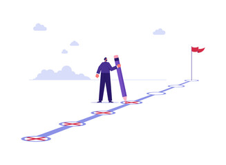 Project tracking, goal tracker, task completion or checklist to remind project progress concept, businessman holding big pencil to check completed tasks in project management timeline