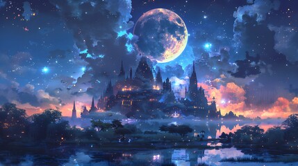 Stunning digital artwork showcasing a breathtakingly large full moon illuminating a serene lake, surrounded by mystical mountains and a star-filled sky, Digital art style, illustration painting.