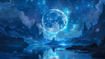 Stunning digital artwork showcasing a breathtakingly large full moon illuminating a serene lake, surrounded by mystical mountains and a star-filled sky, Digital art style, illustration painting.