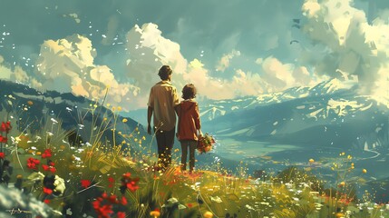 A couple walks hand-in-hand through a vibrant wildflower meadow, with bright sunlight and scenic mountains in the background, Digital art style, illustration painting.