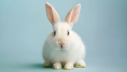 Fototapeta premium White rabbit with a cute smile isolated on Easterthemed background. Concept Easter Bunny, Cute Smile, Isolated, White Rabbit, Easter-themed Background
