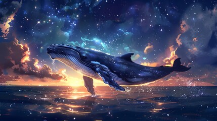 A breathtaking scene featuring a whale soaring above the ocean against a starry sky and vibrant sunset clouds, Digital art style, illustration painting.