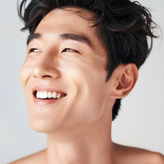 Obraz premium Portrait of a handsome Korean man with clean and fresh skin. beauty, spa, aesthetic salon, skin care,