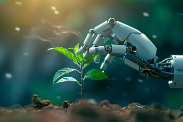 High tech robotic hand nurturing a budding plant a metaphor for technological growth and sustainability 