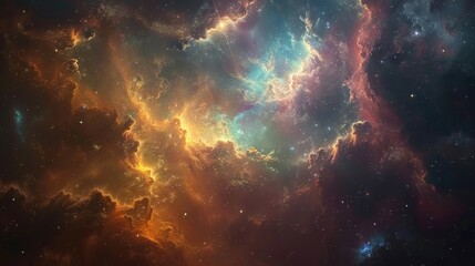 Fototapeta premium This mesmerizing image captures the beautiful chaos of colorful nebulae, with swirling hues of reds and blues illustrating vast celestial formations