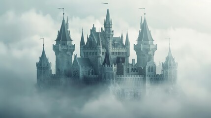 Fototapeta premium A medieval castle emerges from a fog, its turrets and flags designed in detailed paper cutouts, paper art style concept