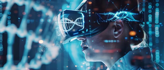 A scientist analyzes DNA structures on an advanced virtual reality platform, Sharpen close up hitech concept with blur background