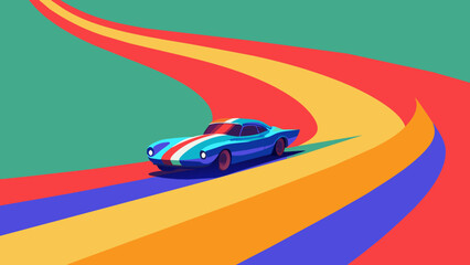 A vibrant and eye-catching vintage-inspired design featuring a racing car drifting around an American flag. The car is adorned with patriotic colors and leaves a trail of smoke as it navigates 