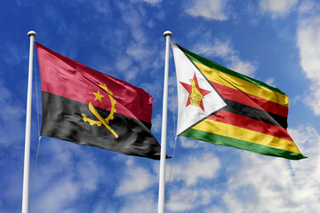 3d illustration. Angola and Zimbabwe Flag waving in sky. High detailed waving flag. 3D render. Waving in sky. Flags fluttered in the cloudy sky.