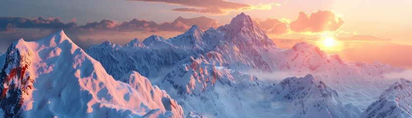 A snowy mountain landscape during sunset, icy peaks as the element of subject, Banner background for winter themes, Sharpen banner background concept 3D with copy space