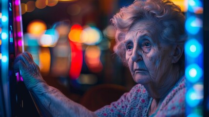 Elderly lady engrossed in playing slot machines, amidst the colorful lights of a casino