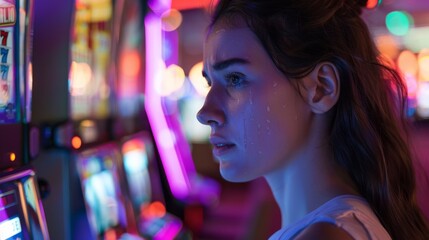 A woman is depicted immersed in her game at a slot machine, surrounded by the bright lights of the casino