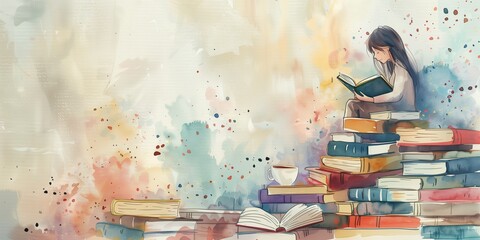 Watercolor Illustration of a girl reading nearby a stack of books, horizontal banner, with space for text, banner, background.