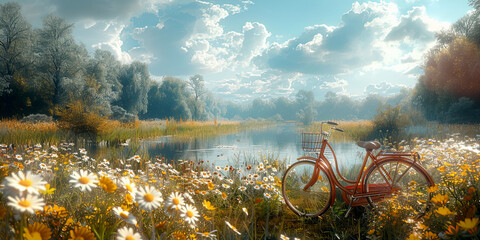 A solitary bicycle on a peaceful flowering meadow landscape background.