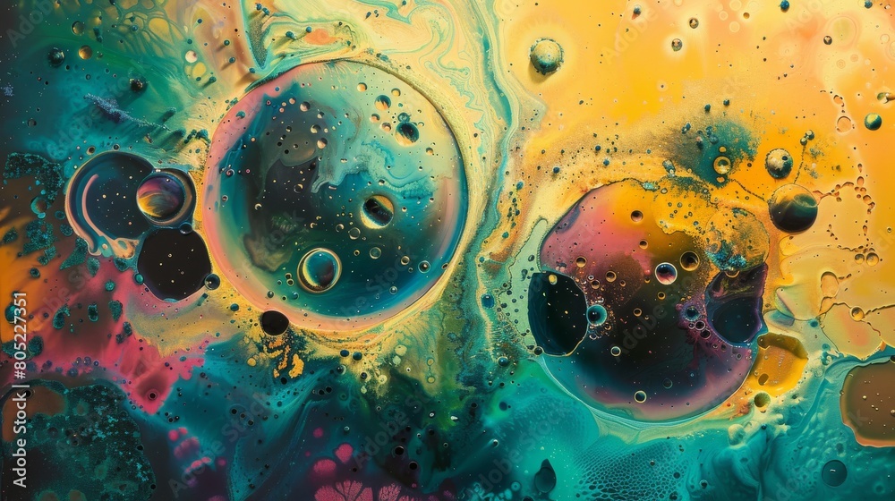 Poster ethereal abstract image showcasing vibrant colors and bubbles with a cosmic, otherworldly feel repre