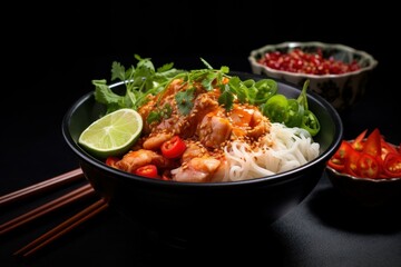 Satisfying Rice noodles bowl. Asian spicy table. Generate Ai