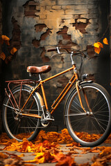 A vintage bicycle leaning against a rustic brick wall.