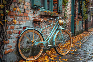 A vintage bicycle leaning at the street against a rustic brick wall. - Powered by Adobe