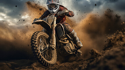 A man is riding a dirt bike through a muddy field