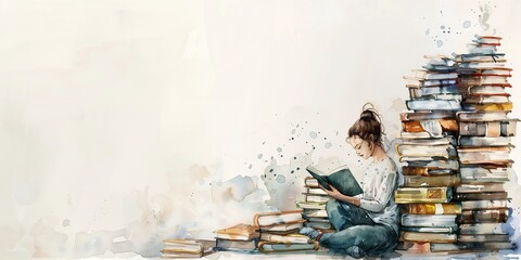 Watercolor Illustration of a girl reading nearby a stack of books, horizontal banner, with space for text, banner, background.