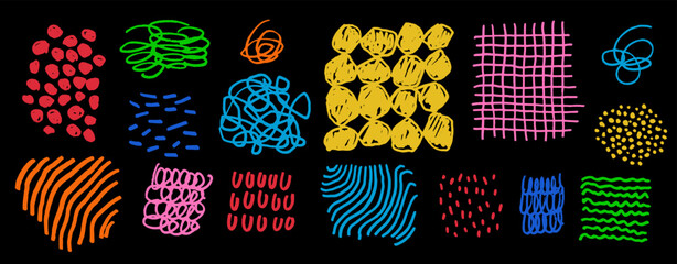 Naive playful line texture vector set. Bright colorful hand-drawn doodle patterns. Marker scribbles, circles, lines and hatches. Rough childish wood textures, isolated strokes, stripes, crosshatches