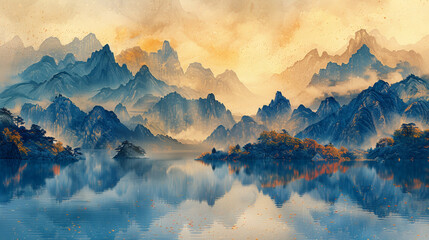 藍色の山々の風景イラスト