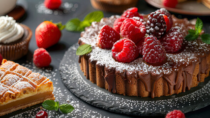 delicious sweet dessert on the table, sweets and cookies on the table, small cake with berries