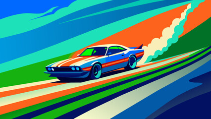 A vibrant and eye-catching vintage-inspired design featuring a racing car drifting around an American flag. The car is adorned with patriotic colors and leaves a trail of smoke as it navigates 